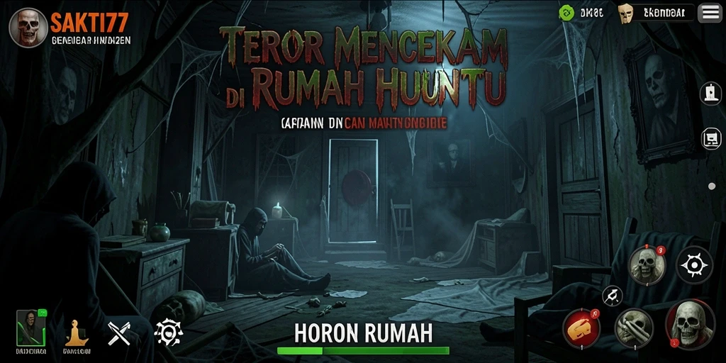Tampilan antarmuka menakutkan dengan suasana rumah hantu.
