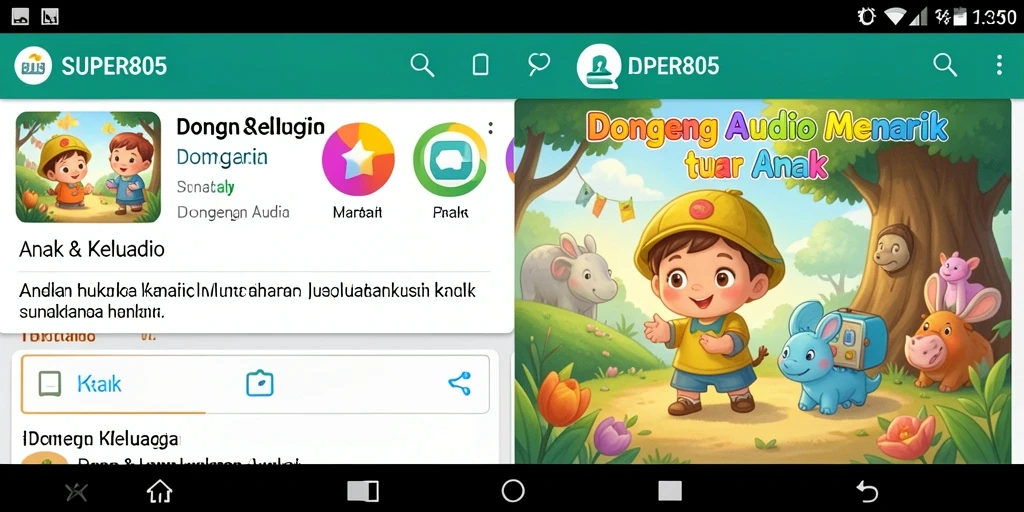 Tampilan antarmuka SUPER805 yang menarik dan interaktif untuk mendengarkan dongeng audio.